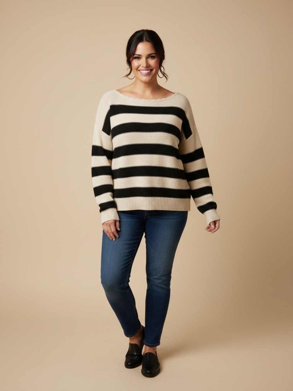 LOFT Cream & Black Striped Scoop Neck Sweater
